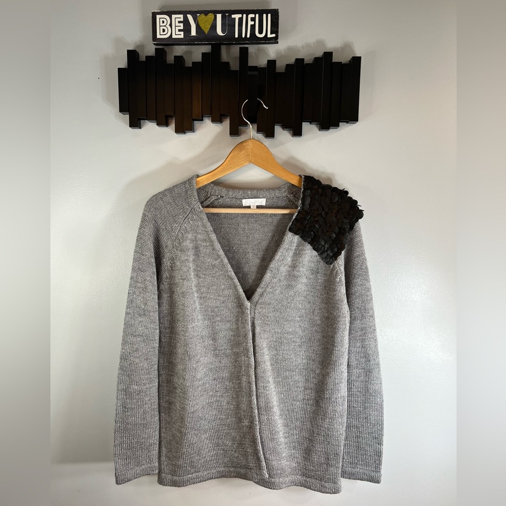 O’de Mai Wool Blend Cardigan with Faux Leather Details on Left Shoulder Large.